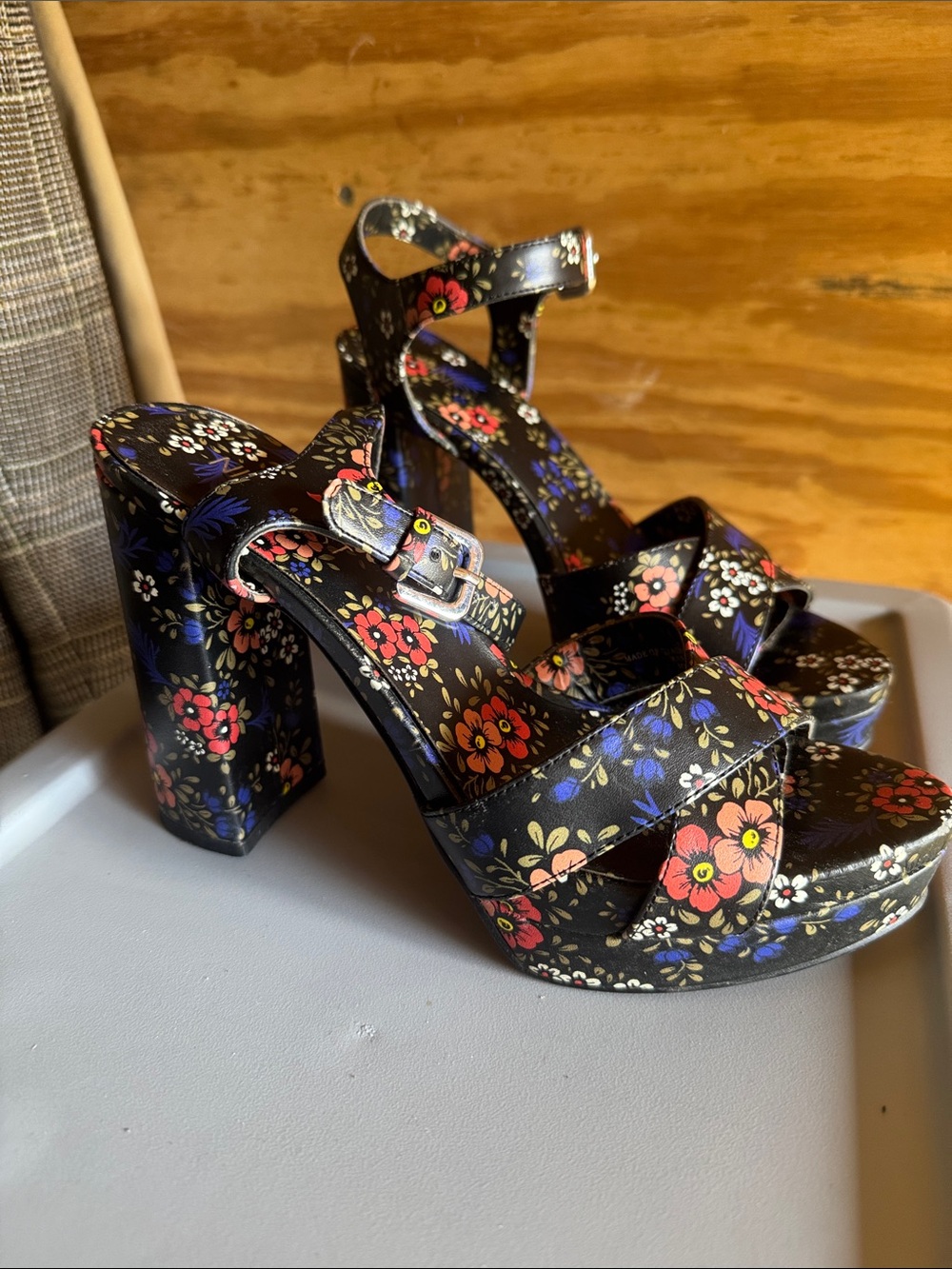 Nine West Black Floral Platform Block Heels